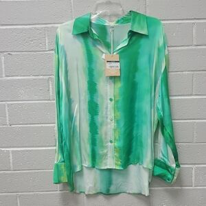 Green Tie-Dye Button-Up Blouse